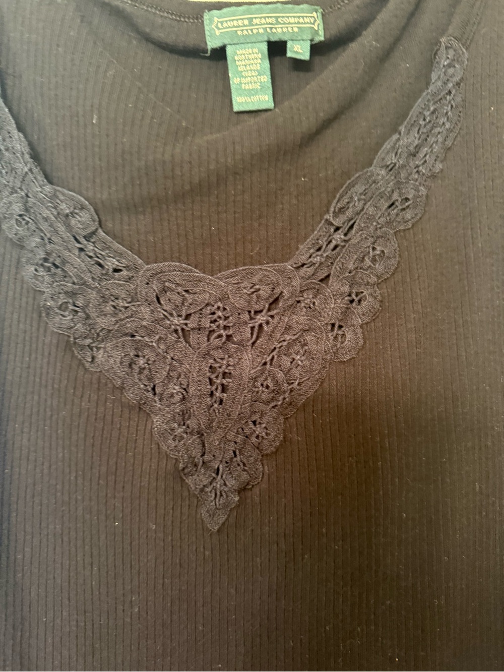 Lauren Ralph Lauren Black Ribbed Camisole with Lace V-Neck